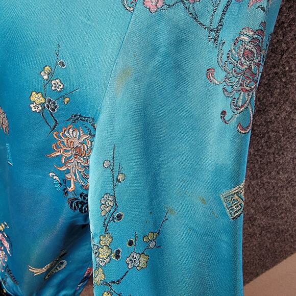 Vtg Peony Chinese Silk-Like Jacket Womens Small Blue Embroidered Mandarin Collar - Picture 10 of 12